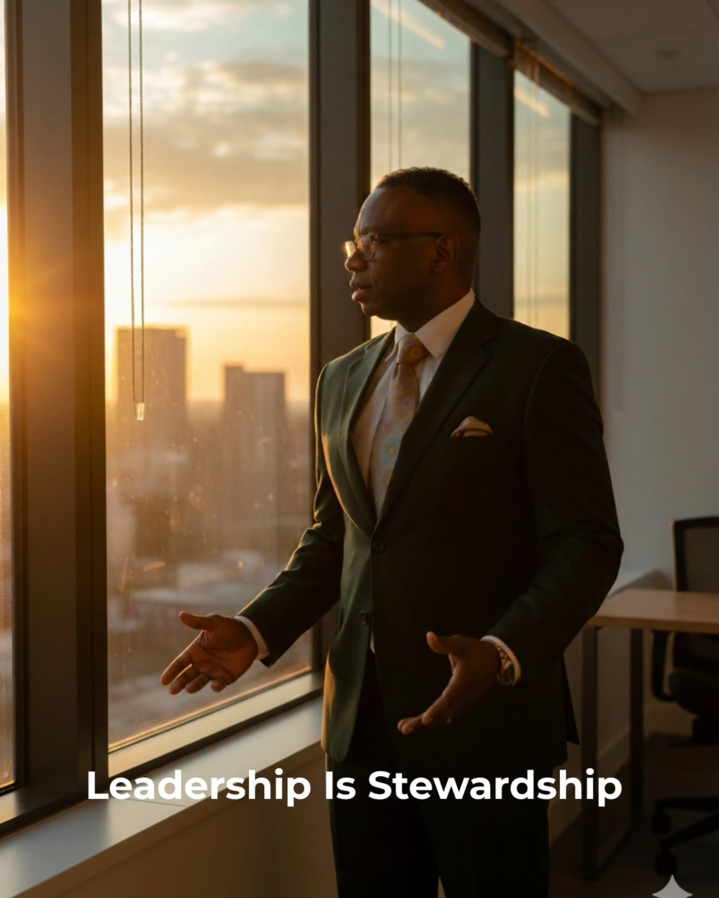 Reggie Holiday standing at a boardroom window at sunrise, with the words Leadership Is Stewardship.